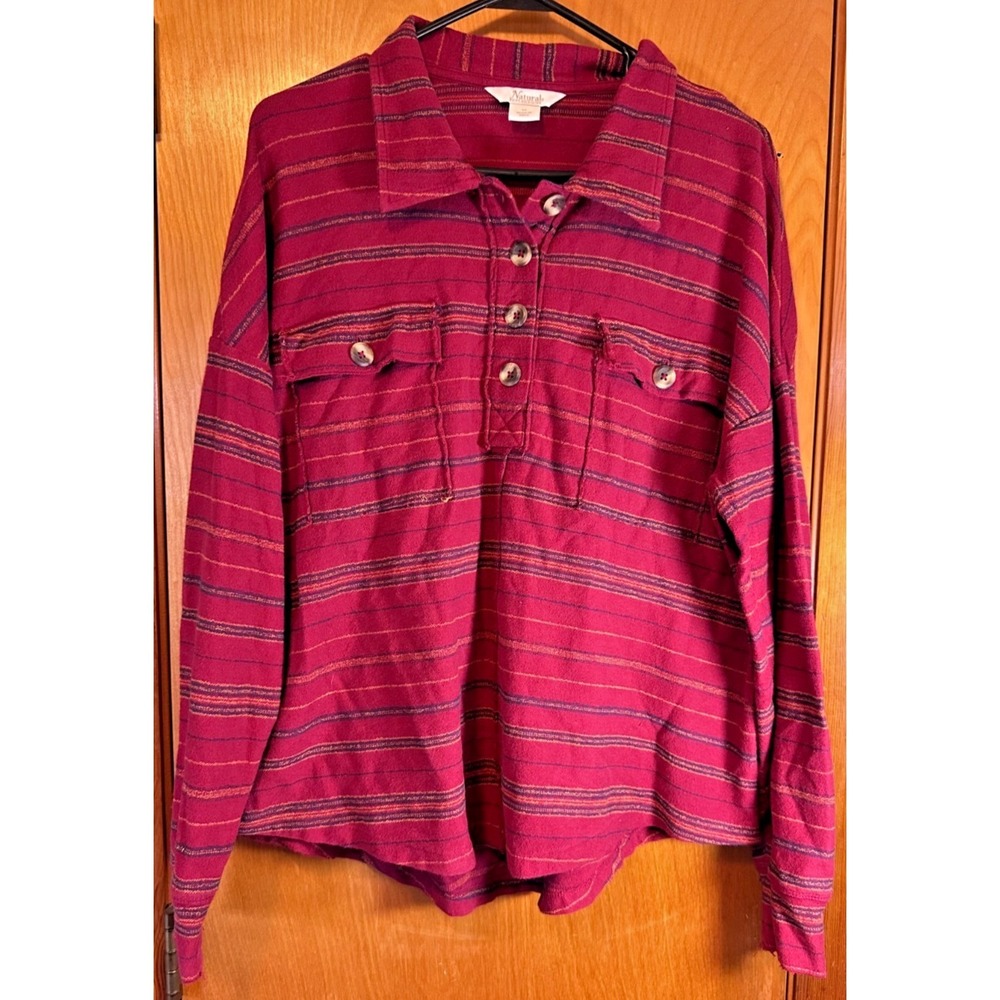 Natural Reflections Womens Red Blanket Stripe Knit Long Sleeve Henley Medium